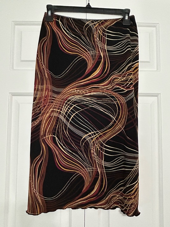 Vintage 90s La Belle Black Skirt with Gold and Brown Wave Print - Medium - Picture 2 of 8